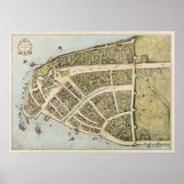 Poster Mapa da Vintage de Nova Amsterdã (1660) (Frente)