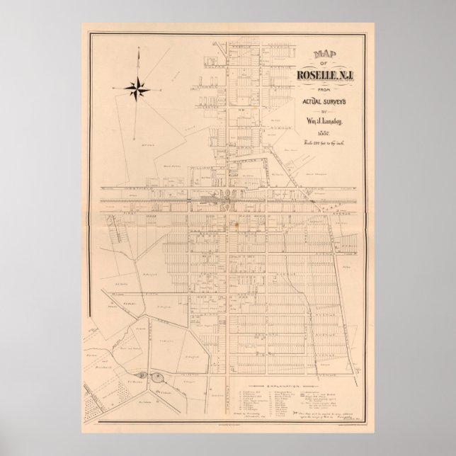Poster Mapa da Vintage de Roselle NJ (1887) (Frente)