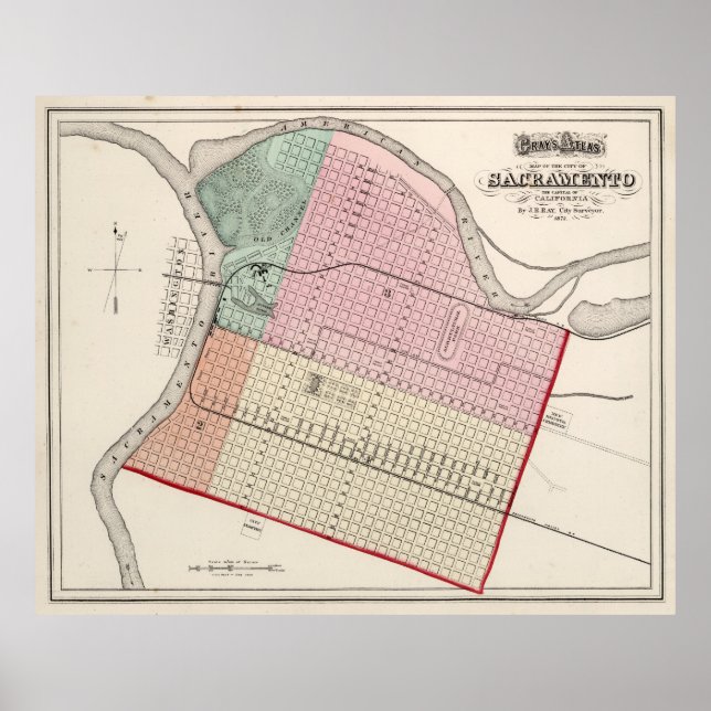 Poster Mapa da Vintage de Sacramento CA (1873) (Frente)