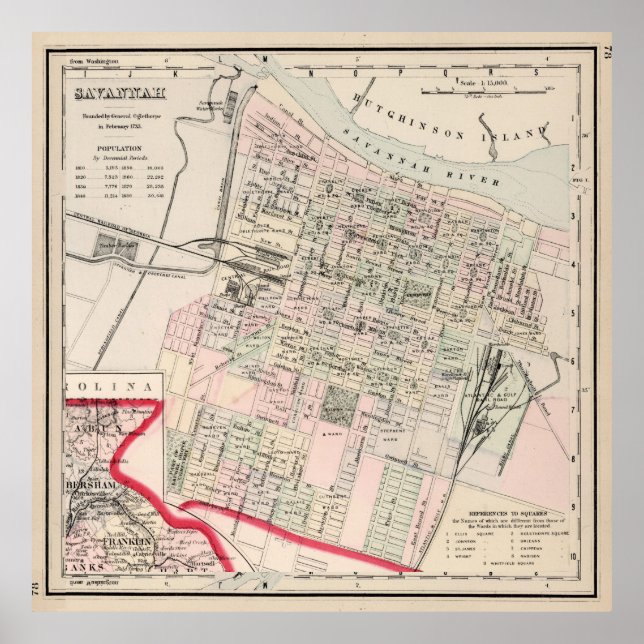 Poster Mapa da Vintage de Savannah GA (1877) (Frente)