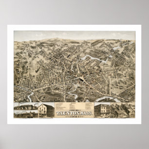 Póster Mapa da Vintage de Taunton, Massa de 1875