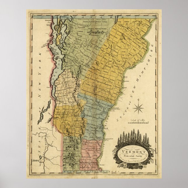 Póster Mapa da Vintage de Vermont (1814) (Frente)