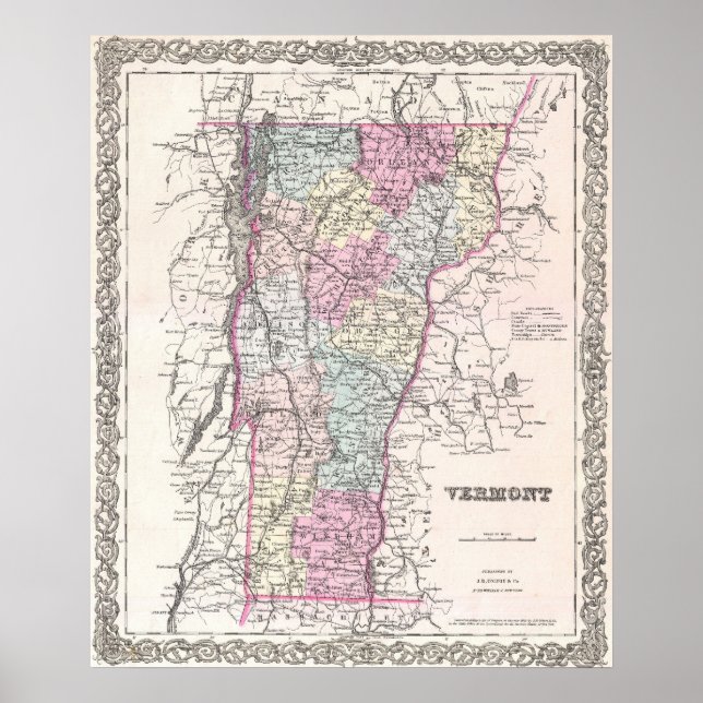 Póster Mapa da Vintage de Vermont (1855) (Frente)