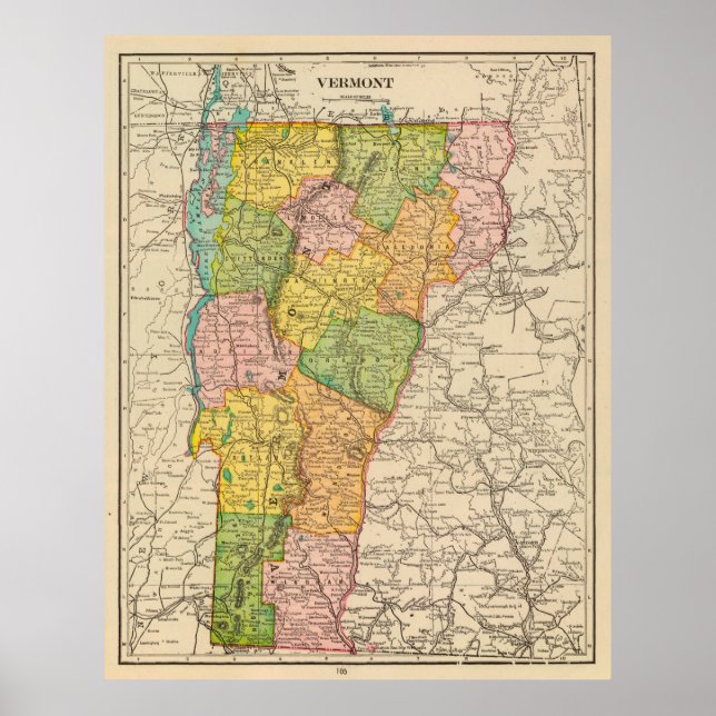 Poster Mapa da Vintage de Vermont (1909) (Frente)