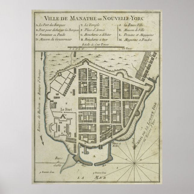 Póster Mapa da Vintage do Baixa Manhattan (1764) (Frente)