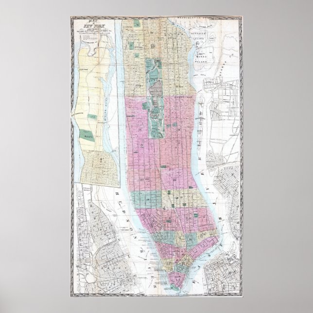 Poster Mapa da Vintage do Baixa Manhattan (1865) (Frente)