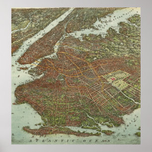 Poster Mapa da Vintage do Brooklyn NY (1908)