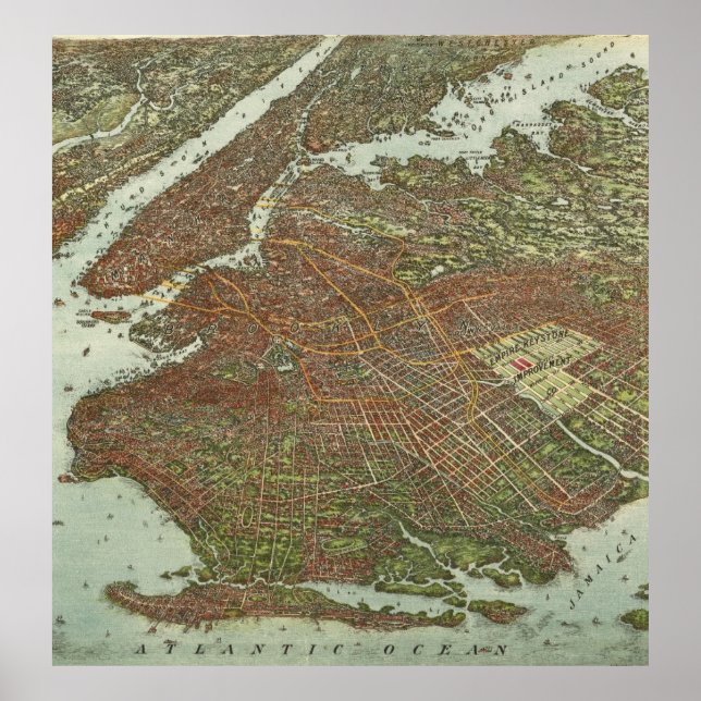 Poster Mapa da Vintage do Brooklyn NY (1908) (Frente)