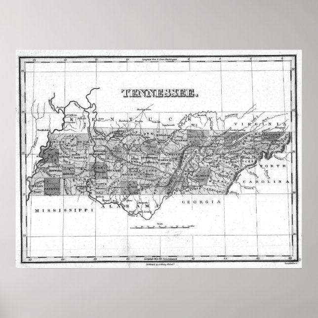 Póster Mapa da Vintage do Tennessee (1827) BW (Frente)