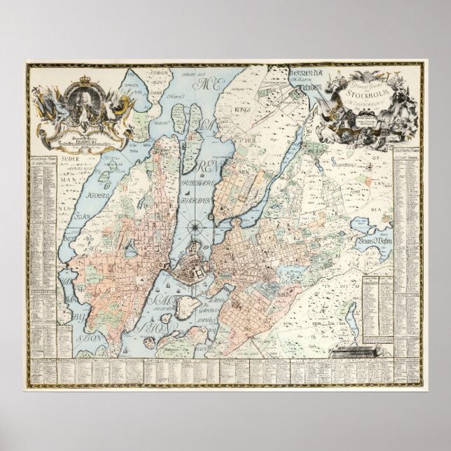 Póster Mapa da Vintage em Estocolmo (1733) (Frente)