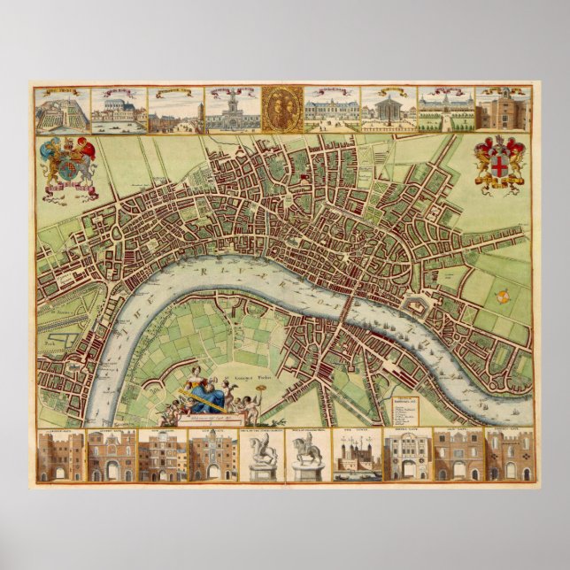 Póster Mapa da Vintage em Londres (século XVII) (Frente)