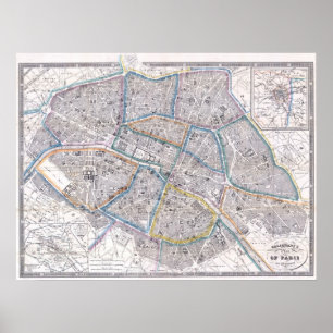 Póster Mapa da Vintage em Paris (1865)