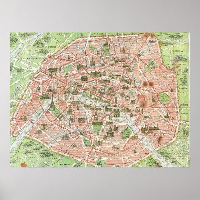 Póster Mapa da Vintage em Paris (1920) (Frente)