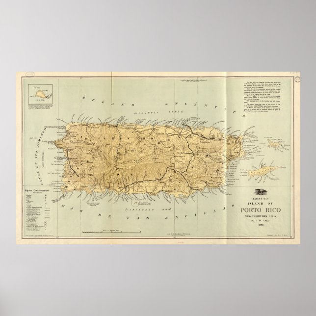 Póster Mapa da Vintage em Porto Rico (1898) (Frente)