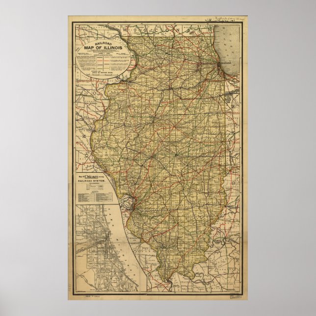 Póster Mapa da Vintage Illinois Railroad (1897) (Frente)
