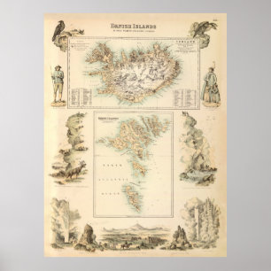 Poster Mapa da Vintage, Islândia e Ilhas Faroé (1872)