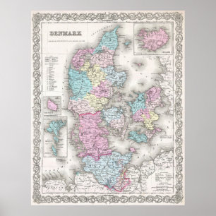 Poster Mapa da Vintage na Dinamarca (1855)