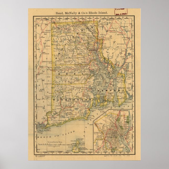 Póster Mapa da Vintage na Ilha de Rhode (1875) (Frente)