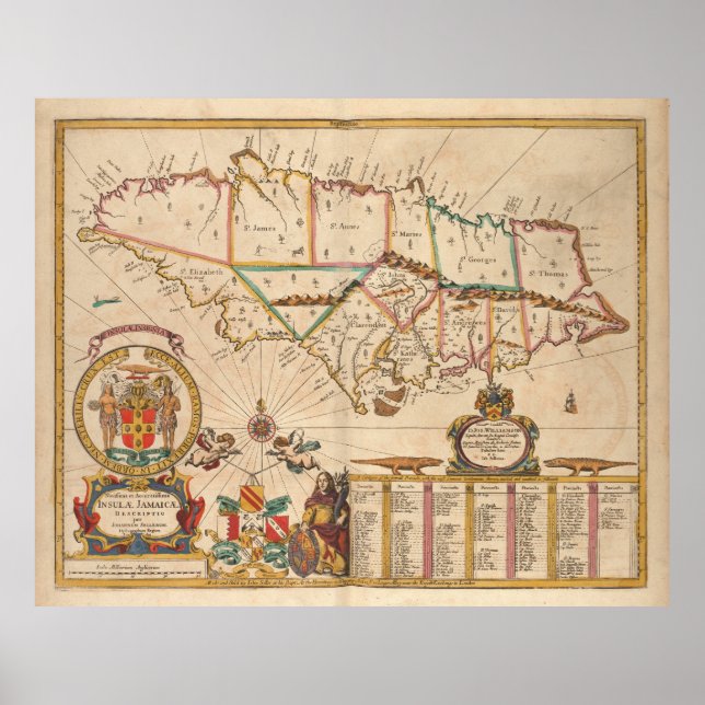 Poster Mapa da Vintage na Jamaica (1672) (Frente)