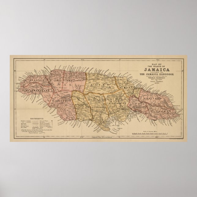 Póster Mapa da Vintage na Jamaica (1893) (Frente)