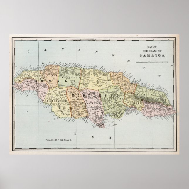 Poster Mapa da Vintage na Jamaica (1901) (Frente)