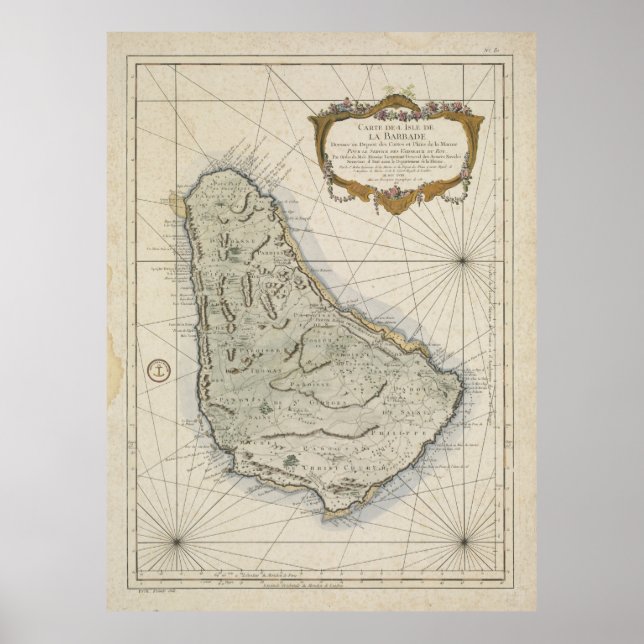 Póster Mapa da Vintagem de Barbados (1758) (Frente)