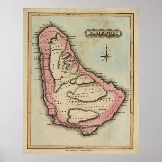 Póster Mapa da Vintagem de Barbados (1823) (Frente)
