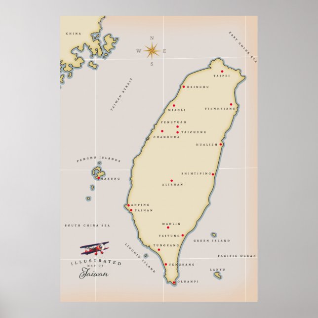 Poster Mapa da Vintagem de Taiwan (Frente)