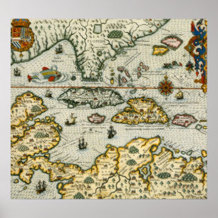 Poster Mapa da Vintagem do Caribe (1594)