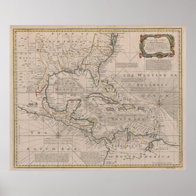 Poster Mapa da Vintagem do Caribe (1720) (Frente)