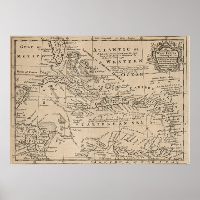 Poster Mapa da Vintagem do Caribe (1763) (Frente)