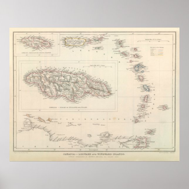 Poster Mapa da Vintagem do Caribe (1848) (Frente)