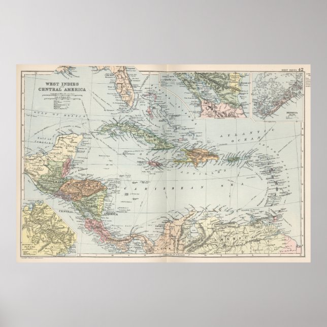 Poster Mapa da Vintagem do Caribe (1892) (Frente)