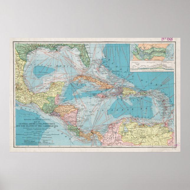 Poster Mapa da Vintagem do Mar Caribe (1913) (Frente)