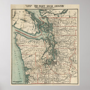 Póster Mapa da Vintagem do Puget Sound (1910)