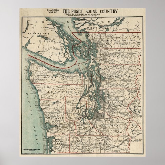 Póster Mapa da Vintagem do Puget Sound (1910) (Frente)