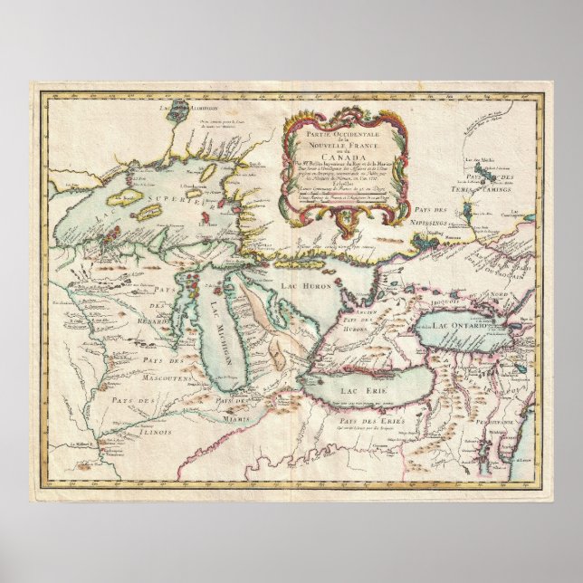 Poster Mapa da Vintagem dos Lagos Excelentes (1755) (Frente)