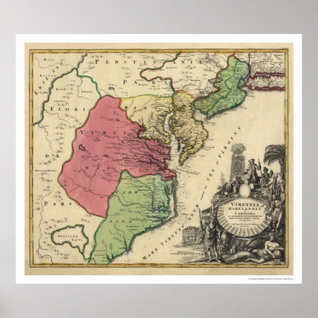 Poster Mapa da Virgínia, Marylandia, e Carolina 1714 (Frente)