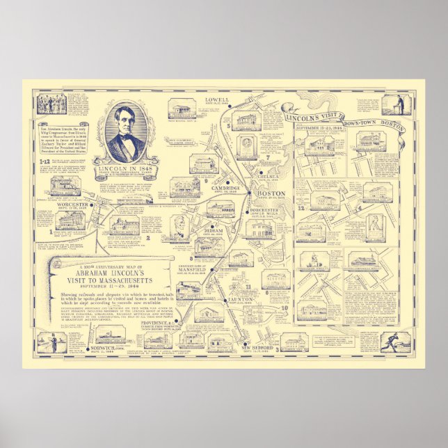 Poster Mapa da visita de Abraham Lincoln a Massachusetts (Frente)