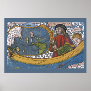 Póster Mapa das Américas com o Explorer Amerigo Vespucci