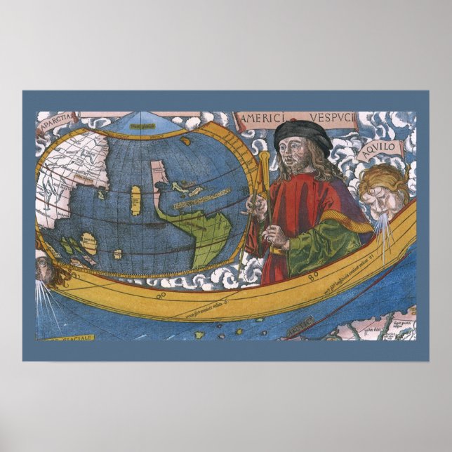 Póster Mapa das Américas com o Explorer Amerigo Vespucci (Frente)