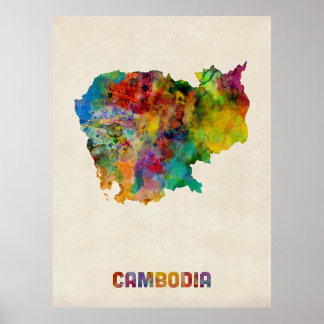Póster Mapa das Aquarelas do Camboja (Frente)