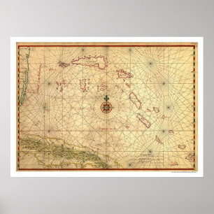 Poster Mapa das Bahamas e Cuba 1650