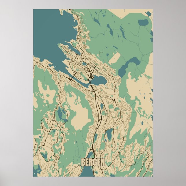 Poster Mapa das cidades de Bergen, Noruega (Frente)