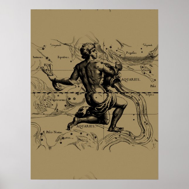 Poster Mapa das constelações de Aquarius por Hevelius (Frente)