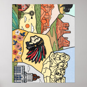 Poster Mapa das Ilhas Badlands Mt Rushmore Colinas Negras