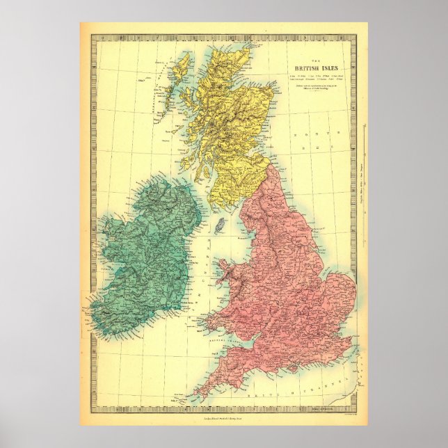 Poster Mapa das Ilhas Britânicas Vintage (Frente)