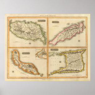 Poster Mapa das Ilhas do Caribe Inferior da Vintage (1816