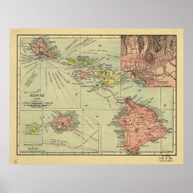 Póster Mapa das Ilhas Havaianas no Havaí em 1912 (Frente)