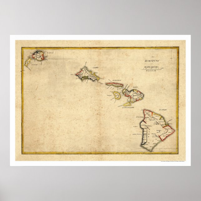 Poster Mapa das Ilhas Havaianas por Kalama 1837 (Frente)